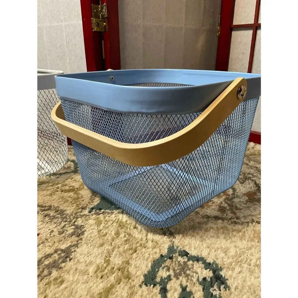 Blue & White Metal Storage Baskets with Natural Wood Handles - Home Accents